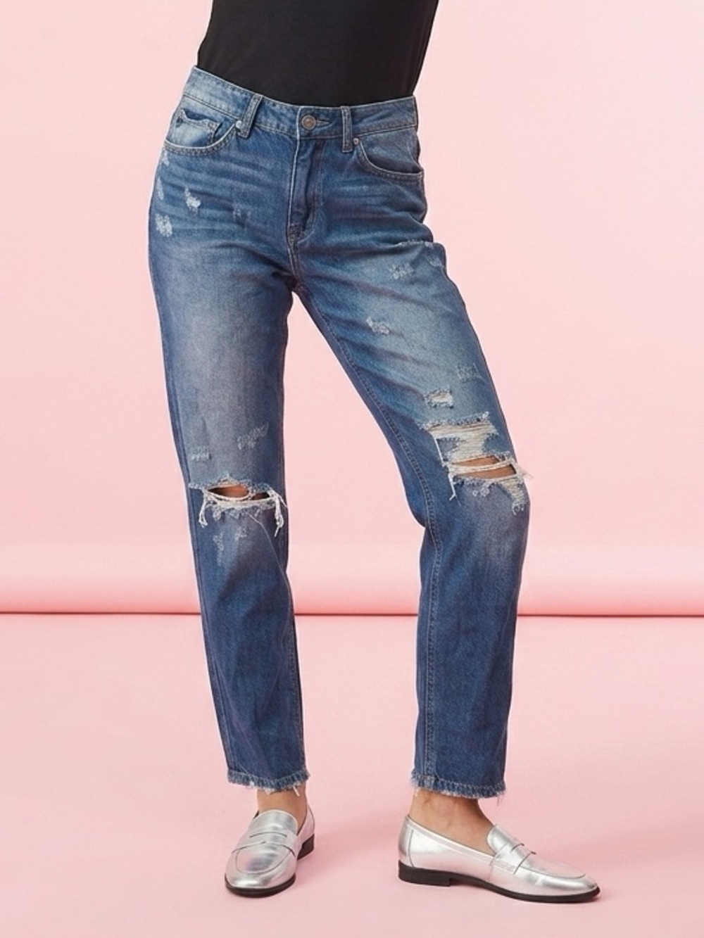 KanCan high-rise, distressed, slim straight mom fit jeans medium wash